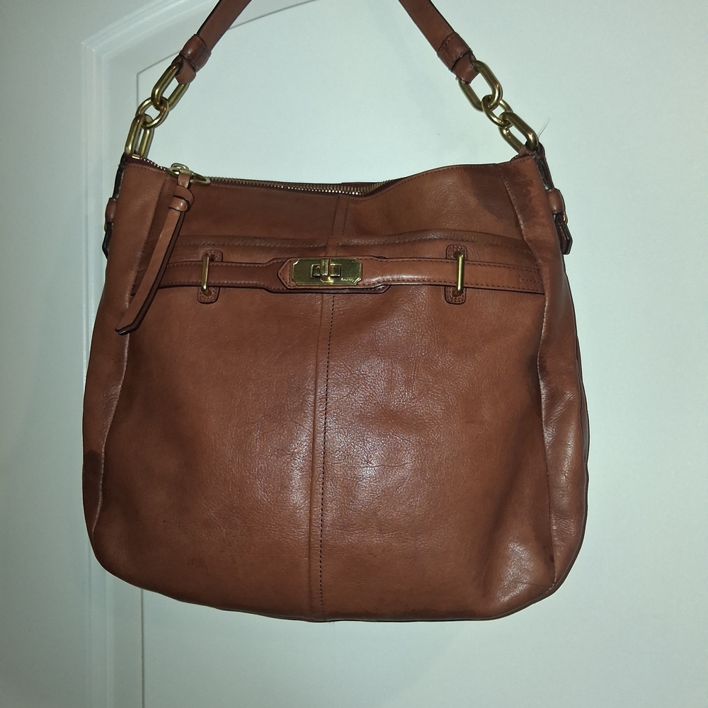 Coach Tan Leather Shoulder Bag with Gold Accents